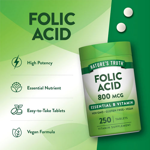 Product highlights graphic stating High Potency, Essential Nutrient, Easy-to-Take Tablets, Vegan Formula.