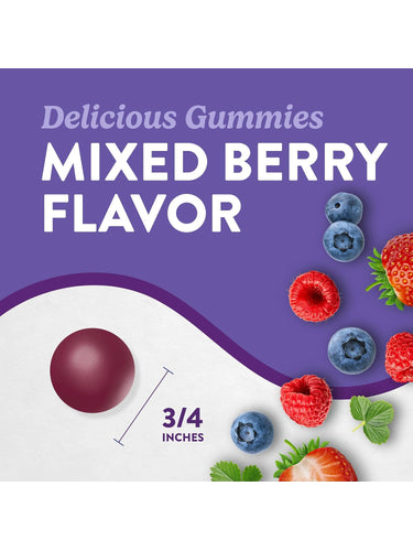 Hand holding a Mixed Berry flavored Melatonin 10 mg gummy, 3/4 inches in size, delicious and effective for sleep support.