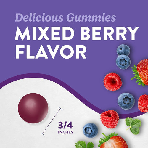 Hand holding a Mixed Berry flavored Melatonin 10 mg gummy, 3/4 inches in size, delicious and effective for sleep support.