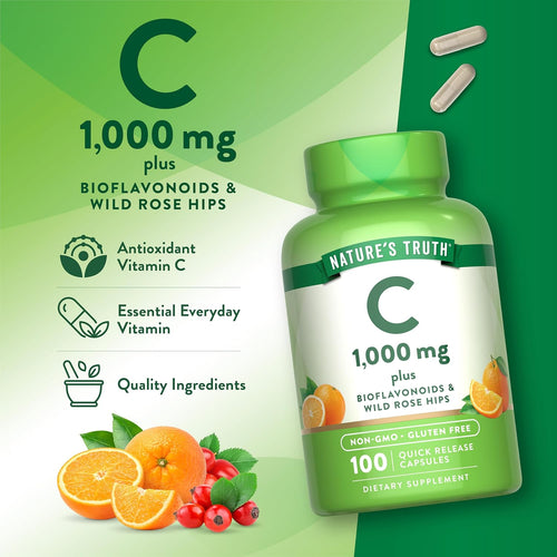 Nature's Truth C 1,000 mg capsules with Bioflavonoids and Wild Rose Hips, 100 quick-release capsules, product image.