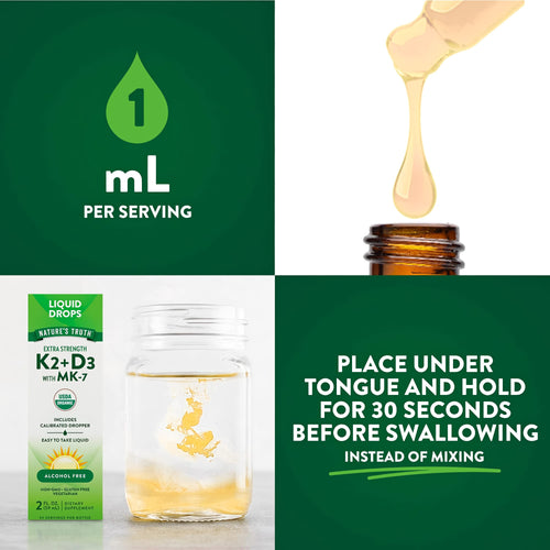 NT K2 + D3 Liquid Drops, 1 mL per serving. Graphic shows dropper and instructions to place under tongue for 30 seconds.