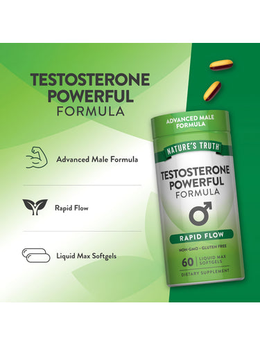 Product highlights graphic stating Advanced Male Formula, Rapid Flow, and Liquid Max Softgels.