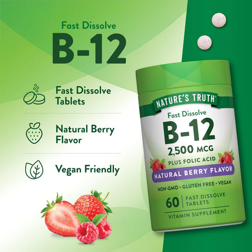 Fast Dissolve B-12, 2500 MCG with Folic Acid. Natural berry flavor; 60 tablets. Non-GMO, gluten-free, vegan formula.