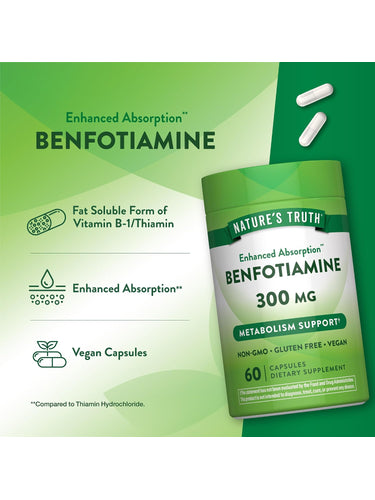 Product highlights graphic stating Fat Soluble Form of Vitamin B-1/Thiamin, Enhanced Absorption**, Vegan Capsules.