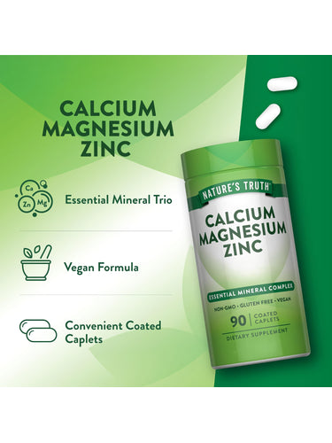Product highlights graphic stating Essential Mineral Trio, Vegan Formula, and Convenient Coated Caplets.
