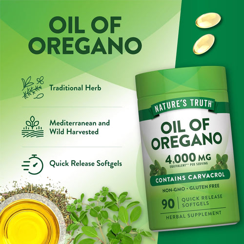 Oil of Oregano 4,000 MG, contains Carvacrol, Non-GMO, Gluten-Free, 90 quick-release softgels in a bottle.