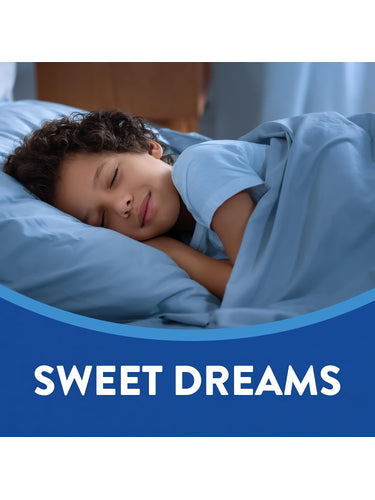 A young child sleeps peacefully with Kids Melatonin Gummies beside them; the text reads 'SWEET DREAMS'.