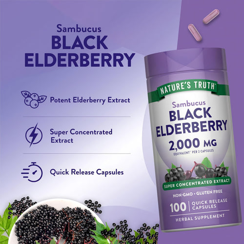 Product highlights graphic stating Potent Elderberry Extract, Super Concentrated Extract, Quick Release Capsules.