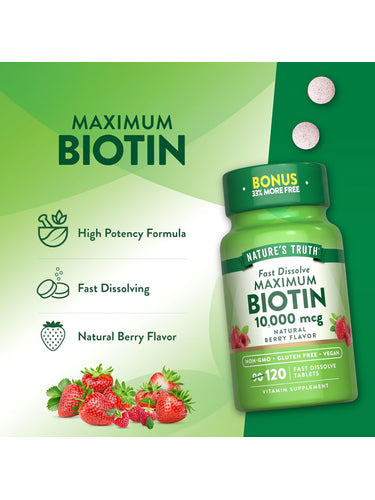 Nature's Truth Fast Dissolve Biotin 10,000 mcg, Natural Berry Flavor, 120 Tablets, Bonus 33% More Free.