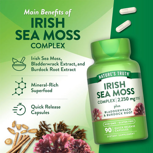 Nature's Truth Irish Sea Moss Complex 2,250 mg with 90 QR capsules, includes Bladderwrack and Burdock Root.