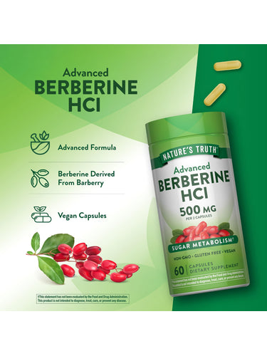 Product highlights graphic stating Advanced Berberine HCI, Advanced Formula, Berberine Derived From Barberry, Vegan Capsules.