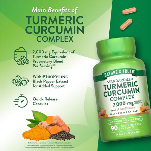 Product highlights graphic stating 2,000 mg Equivalent Turmeric Curcumin serving**, BioPERINE® Black Pepper Extract support, Quick Release Capsules