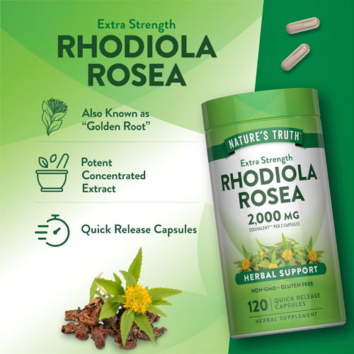 Extra Strength Rhodiola Rosea 2,000 mg equivalent, 120 quick release capsules, herbal supplement.