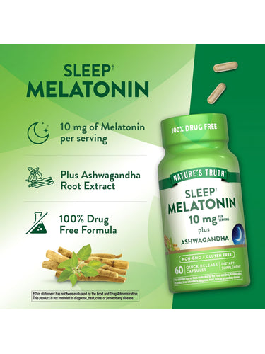 Product highlights graphic stating 10 mg of Melatonin per serving, plus Ashwagandha Root Extract, 100% Drug Free, Non-GMO, Gluten Free.