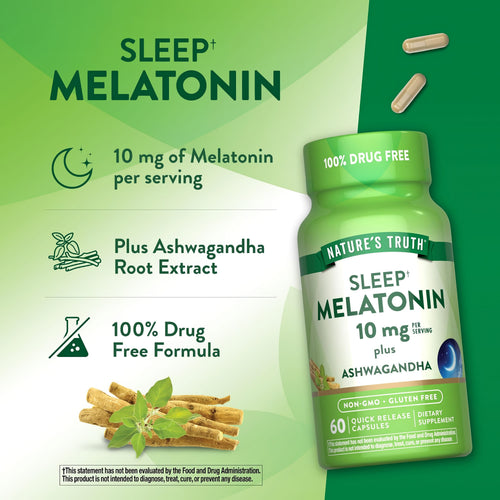 Product highlights graphic stating 10 mg of Melatonin per serving, plus Ashwagandha Root Extract, 100% Drug Free, Non-GMO, Gluten Free.