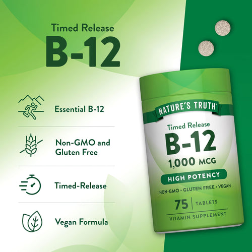 Timed Release B-12 1,000 MCG High Potency bottle with 75 tablets, shown with two tablets beside it.