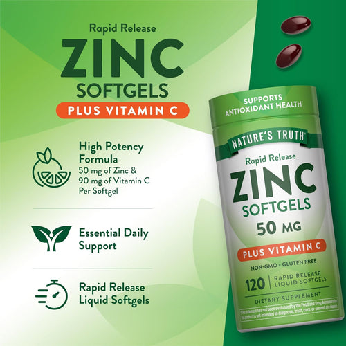 Nature's Truth Rapid Release Zinc 50 mg Softgels with Vitamin C, 120 Liquid Softgels; Non-GMO and Gluten Free.