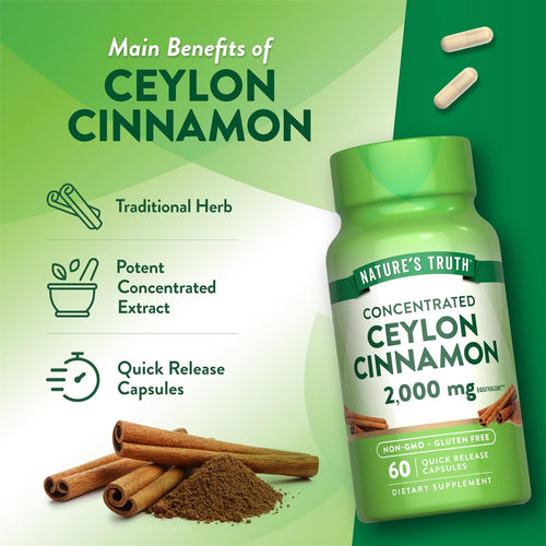 Nature's Truth Concentrated Ceylon Cinnamon capsules, 2,000 mg equivalent, 60 quick release capsules. Non-GMO, gluten-free.
