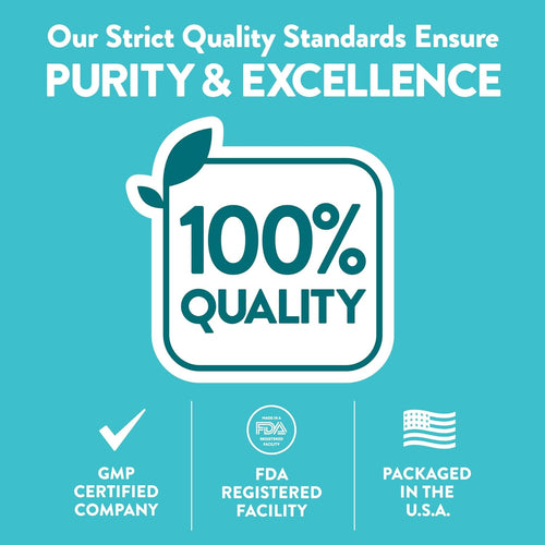 Infographic showing 100% quality, GMP certified company, FDA registered facility, packaged in the U.S.A.