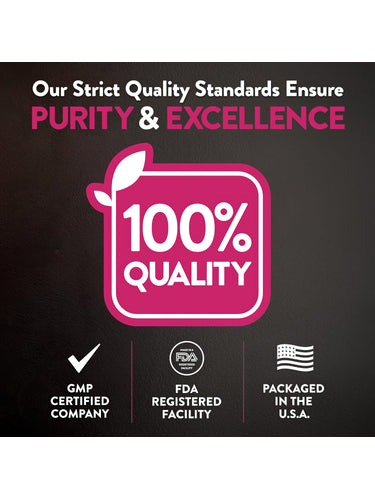 Infographic showing strict quality standards: Purity & Excellence, 100% quality, GMP certified, FDA registered, packaged in USA.