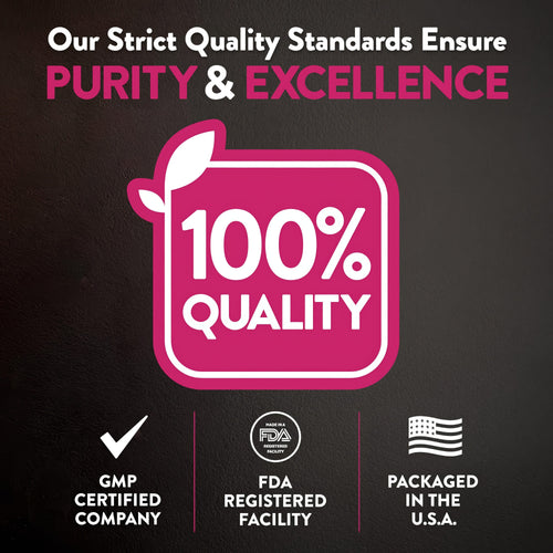 View 6 Infographic showing strict quality standards: Purity & Excellence, 100% quality, GMP certified, FDA registered, packaged in USA.