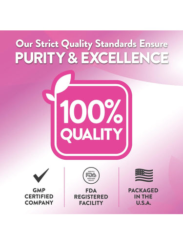 Infographic showing 100% quality with GMP Certified, FDA Registered Facility, packaged in the USA, ensuring purity and excellence.