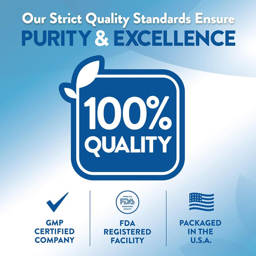 Infographic displaying: 100% QUALITY, GMP CERTIFIED COMPANY, FDA REGISTERED FACILITY, PACKAGED IN THE U.S.A.