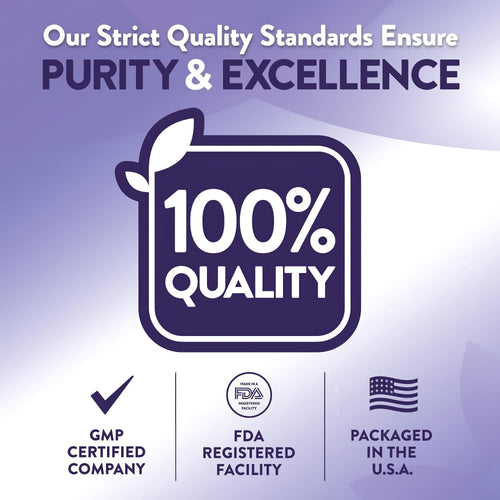 Infographic stating purity and excellence with 100% quality, GMP certified, FDA registered, packaged in the USA.