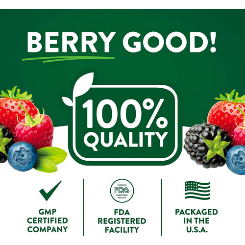 Infographic reads: BERRY GOOD! 100% QUALITY, GMP CERTIFIED COMPANY, FDA REGISTERED FACILITY, PACKAGED IN THE U.S.A.