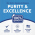 Infographic showing strict standards ensure purity and excellence, 100% quality, GMP certified company, FDA registered, US packaged.