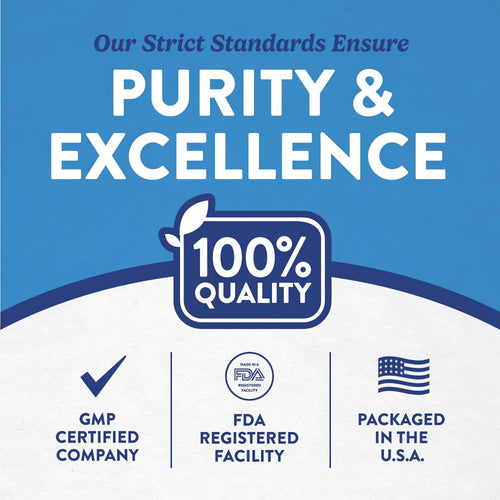 Infographic showing strict standards ensure purity and excellence, 100% quality, GMP certified company, FDA registered, US packaged.