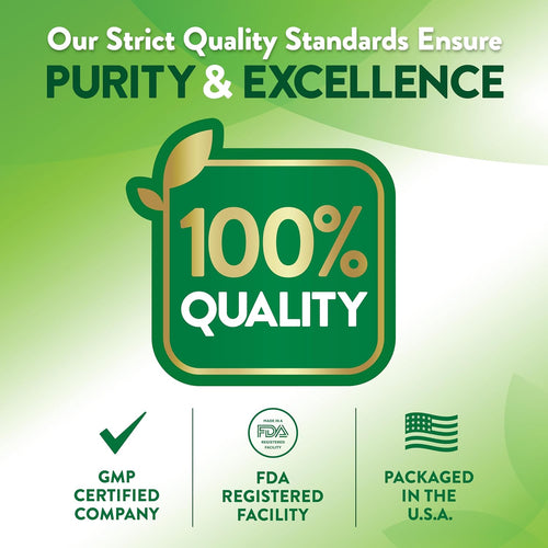Infographic with text: Purity & Excellence, 100% Quality, GMP Certified Company, FDA Registered Facility, packaged in the USA.
