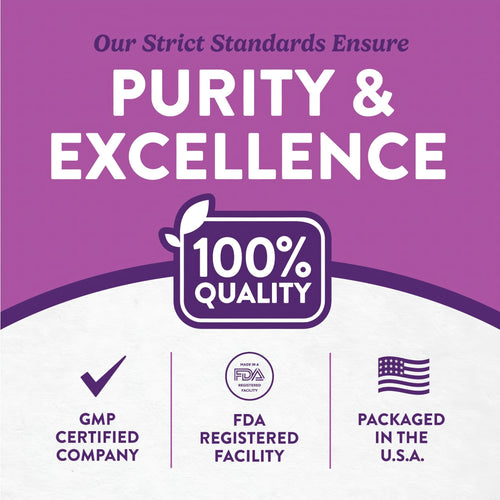 Infographic showing: 100% Quality, GMP Certified Company, FDA Registered Facility, packaged in the U.S.A.