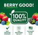 Infographic stating 'BERRY GOOD!', with slogans '100% QUALITY', 'GMP CERTIFIED COMPANY', 'FDA REGISTERED FACILITY, PACKAGED IN THE U.S.A.'.