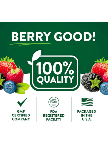 Infographic stating 'BERRY GOOD!', with slogans '100% QUALITY', 'GMP CERTIFIED COMPANY', 'FDA REGISTERED FACILITY, PACKAGED IN THE U.S.A.'.