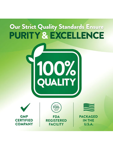 Infographic highlighting quality standards: PURITY & EXCELLENCE, 100% QUALITY, GMP Certified, FDA Registered, Packaged in the USA.