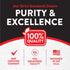 Infographic stating: Our Strict Standards Ensure PURITY & EXCELLENCE, 100% QUALITY, GMP Certified, FDA Registered, Packaged in the USA.