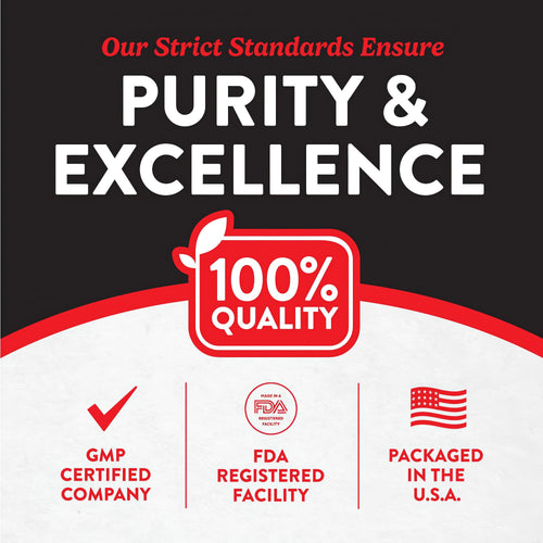 Infographic stating: Our Strict Standards Ensure PURITY & EXCELLENCE, 100% QUALITY, GMP Certified, FDA Registered, Packaged in the USA.