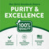 Infographic highlighting purity and excellence, 100% quality, GMP certified, FDA registered facility, packaged in the USA.