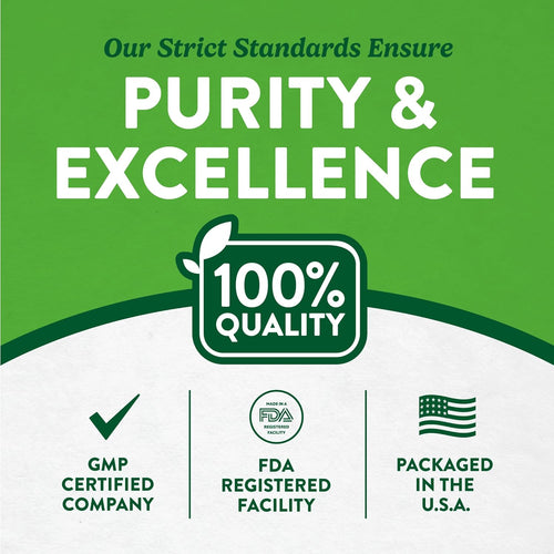 Infographic highlighting purity and excellence, 100% quality, GMP certified, FDA registered facility, packaged in the USA.
