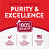 Infographic highlighting Purity & Excellence: 100% QUALITY, GMP CERTIFIED COMPANY, FDA REGISTERED FACILITY, PACKAGED IN THE U.S.A.