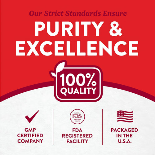 Infographic highlighting Purity & Excellence: 100% QUALITY, GMP CERTIFIED COMPANY, FDA REGISTERED FACILITY, PACKAGED IN THE U.S.A.
