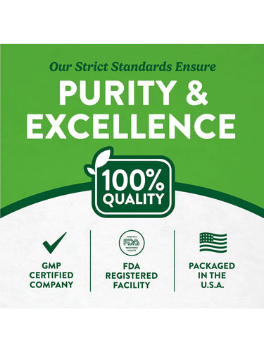 Infographic highlighting Purity & Excellence, 100% Quality, GMP Certified Company, FDA Registered Facility, Packaged in the USA.