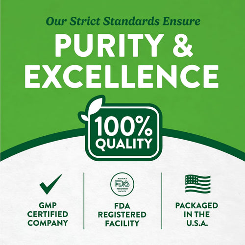 View 6 Infographic highlighting Purity & Excellence, 100% Quality, GMP Certified Company, FDA Registered Facility, Packaged in the USA.