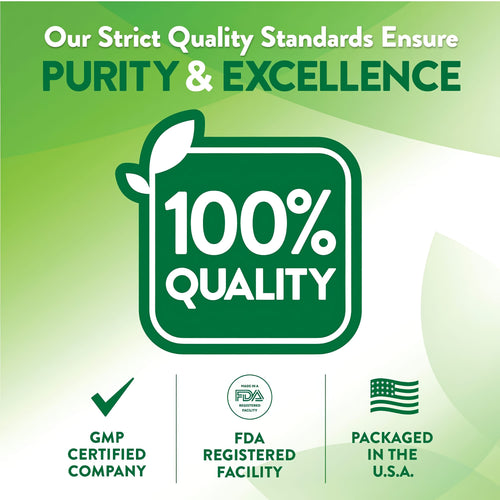 Infographic stating strict quality standards, purity, excellence, 100% quality, GMP certified, FDA registered, packaged in USA.