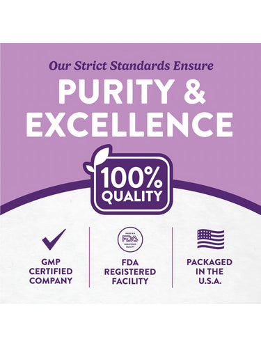 Infographic stating Purity & Excellence, 100% Quality, GMP Certified Company, FDA Registered Facility, Packaged in the U.S.A.