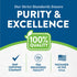 Infographic highlighting purity, excellence, 100% quality, GMP certified, FDA registered facility, packaged in the USA.