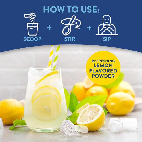 View 6 Magnesium Glycinate Powder Lemon beside lemonade, fresh lemons, ice, and a graphic showing 'HOW TO USE: SCOOP + STIR + SIP'.
