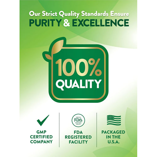 Infographic showing 100% quality, GMP certified company, FDA registered facility, and packaged in the USA.