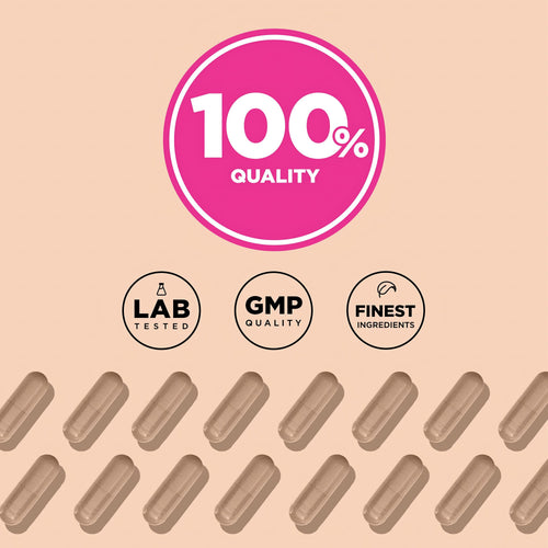 Infographic showing 100% quality, lab tested, GMP quality, finest ingredients, and light brown Raw Flora Probiotic capsules.